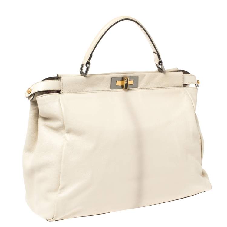 Pre Owned Fendi Cream Leather Large Peekaboo Top Handle Bag