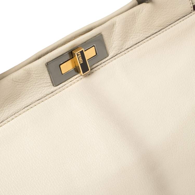 Pre Owned Fendi Cream Leather Large Peekaboo Top Handle Bag