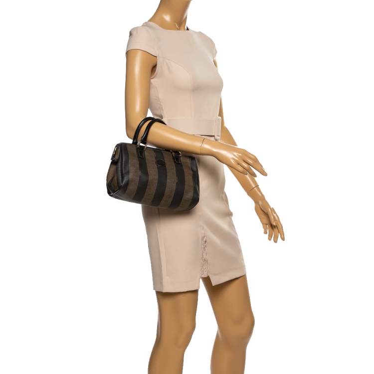 مملوكة مسبقًا Fendi Tobacco Pequin Striped Coated Canvas and Leather Boston Bag
