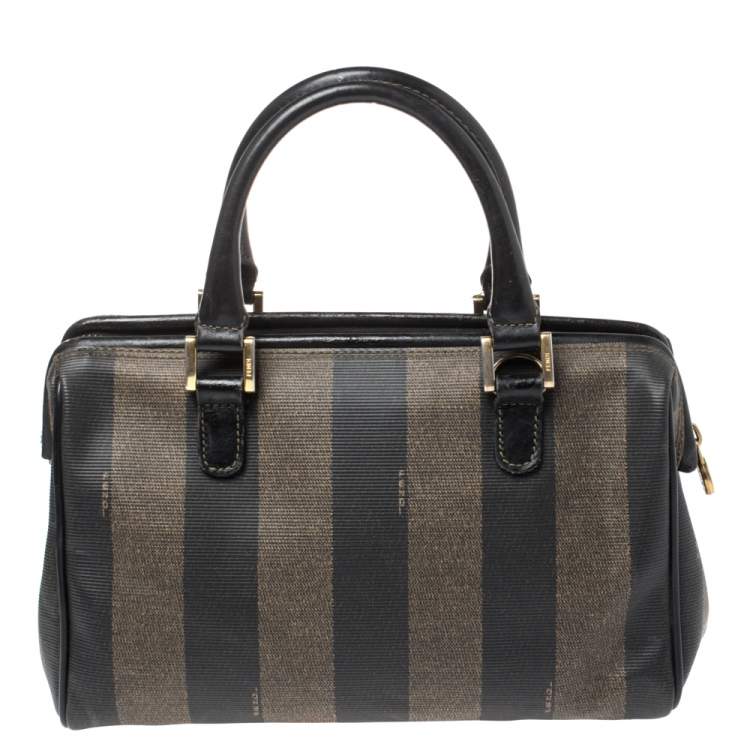 مملوكة مسبقًا Fendi Tobacco Pequin Striped Coated Canvas and Leather Boston Bag