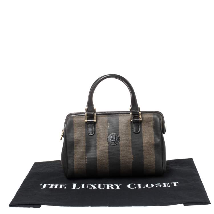 مملوكة مسبقًا Fendi Tobacco Pequin Striped Coated Canvas and Leather Boston Bag
