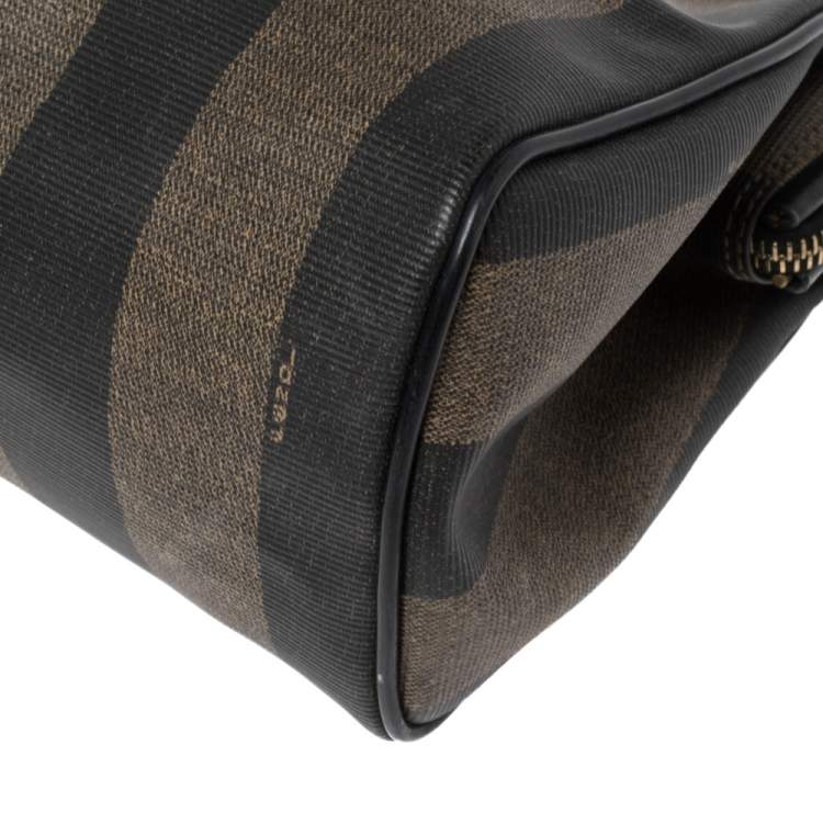 مملوكة مسبقًا Fendi Tobacco Pequin Striped Coated Canvas and Leather Boston Bag