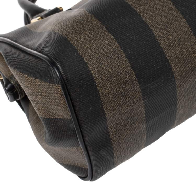 مملوكة مسبقًا Fendi Tobacco Pequin Striped Coated Canvas and Leather Boston Bag