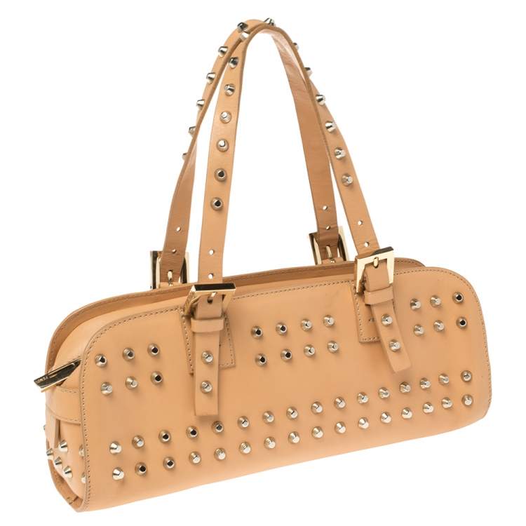 Pre Owned Fendi Beige Leather Studded Zip Satchel