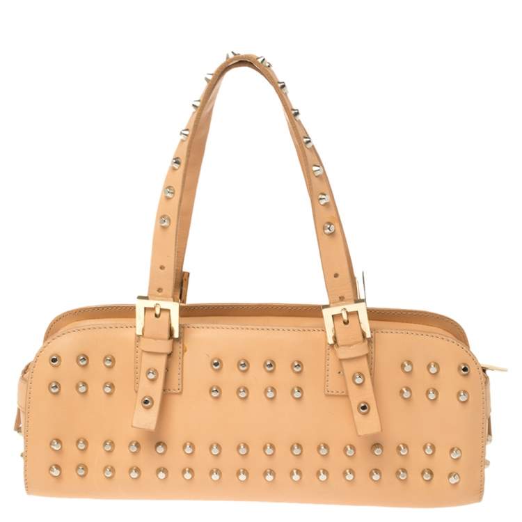 Pre Owned Fendi Beige Leather Studded Zip Satchel