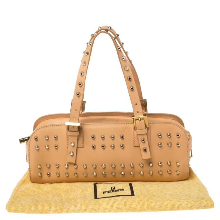 Pre Owned Fendi Beige Leather Studded Zip Satchel