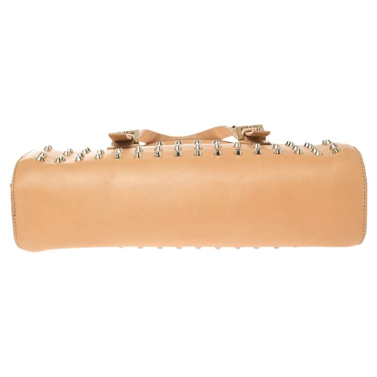Pre Owned Fendi Beige Leather Studded Zip Satchel