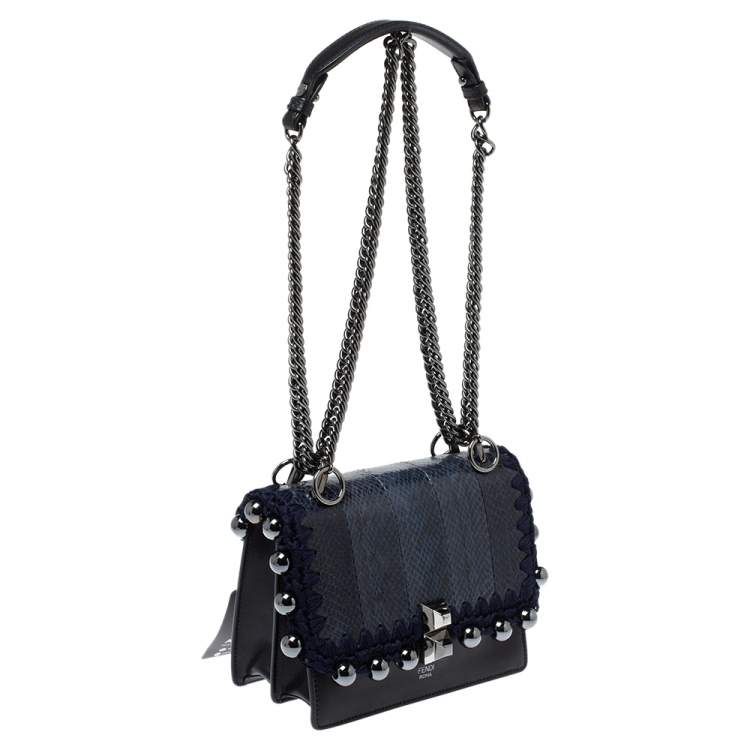 Pre Owned Fendi Navy Blue/Black Python and Leather Beaded Small Kan I Crossbody Bag