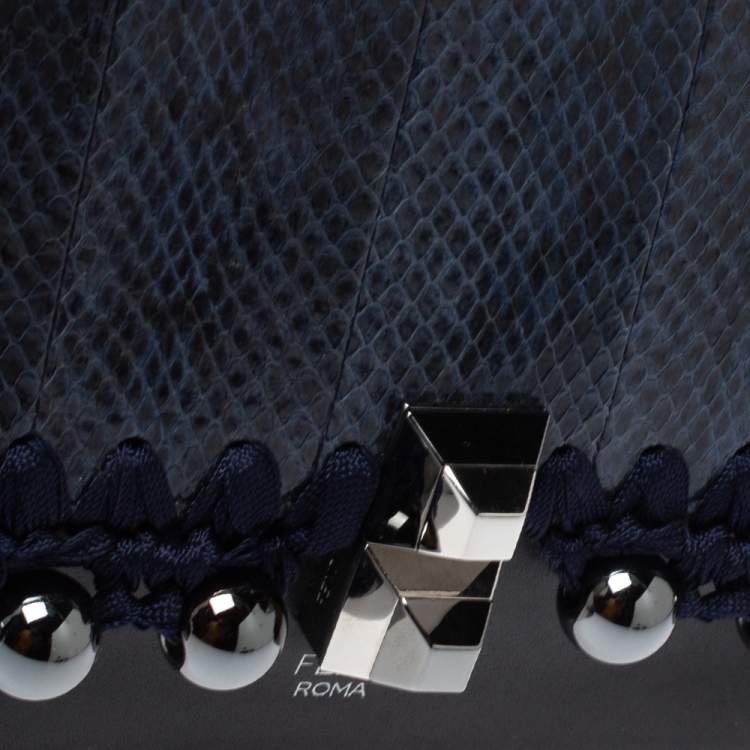 Pre Owned Fendi Navy Blue/Black Python and Leather Beaded Small Kan I Crossbody Bag