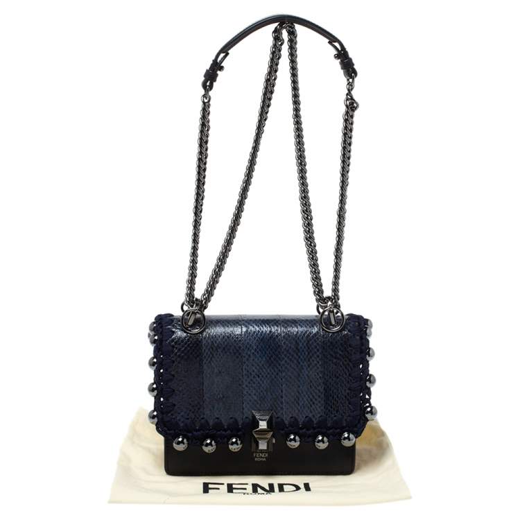 Pre Owned Fendi Navy Blue/Black Python and Leather Beaded Small Kan I Crossbody Bag