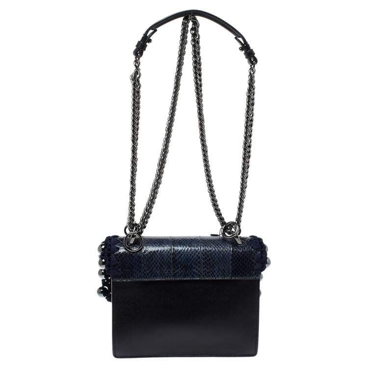 Pre Owned Fendi Navy Blue/Black Python and Leather Beaded Small Kan I Crossbody Bag