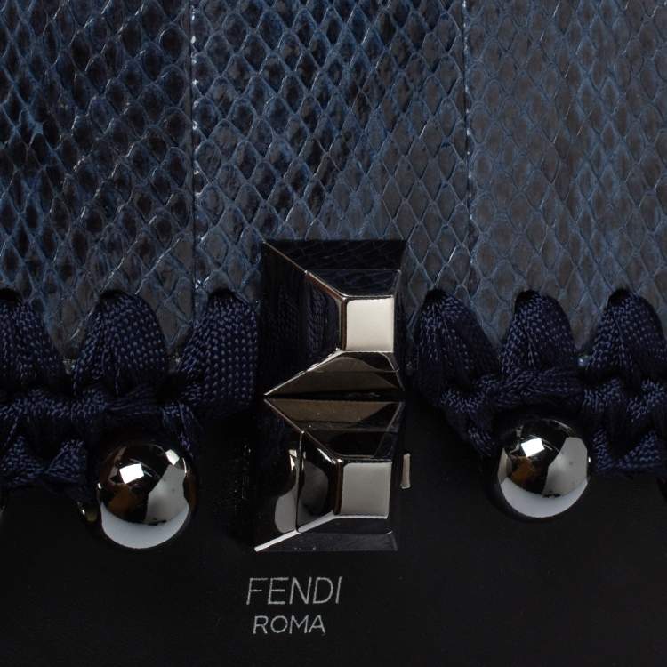 Pre Owned Fendi Navy Blue/Black Python and Leather Beaded Small Kan I Crossbody Bag