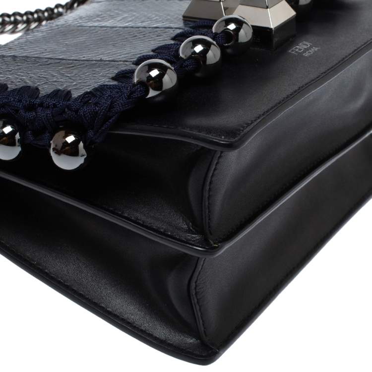 Pre Owned Fendi Navy Blue/Black Python and Leather Beaded Small Kan I Crossbody Bag