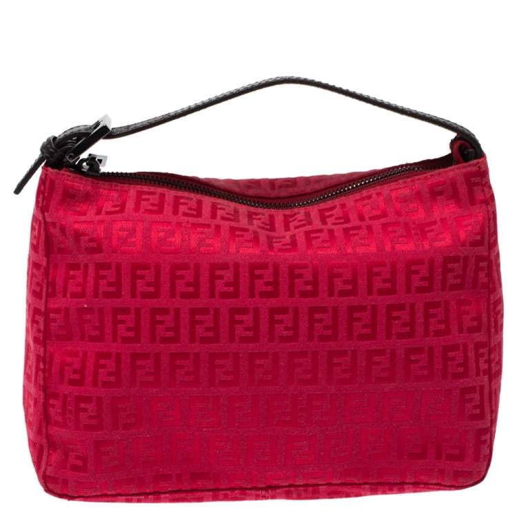 Pre Owned Fendi Red Zucchino Fabric and Leather Pochette Bag