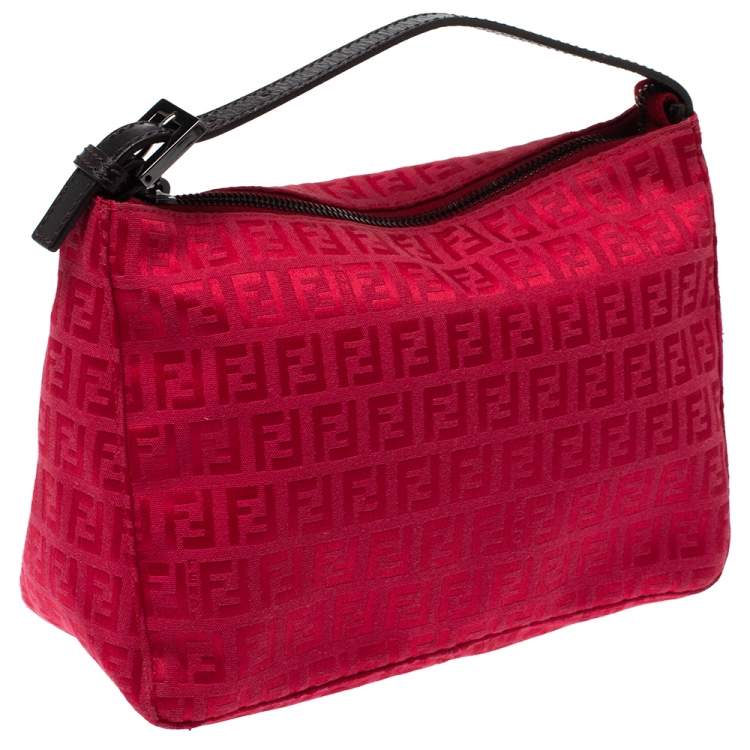 Pre Owned Fendi Red Zucchino Fabric and Leather Pochette Bag