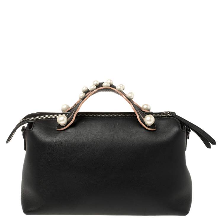 Pre Owned Fendi Black Leather Small Pearl Embellished By The Way Satchel