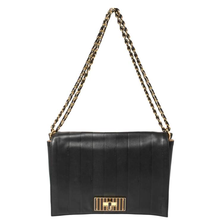 Vintage Fendi Neiman Marcus Pequin Stripe Handbag Purse Clutch Flap Black Brown