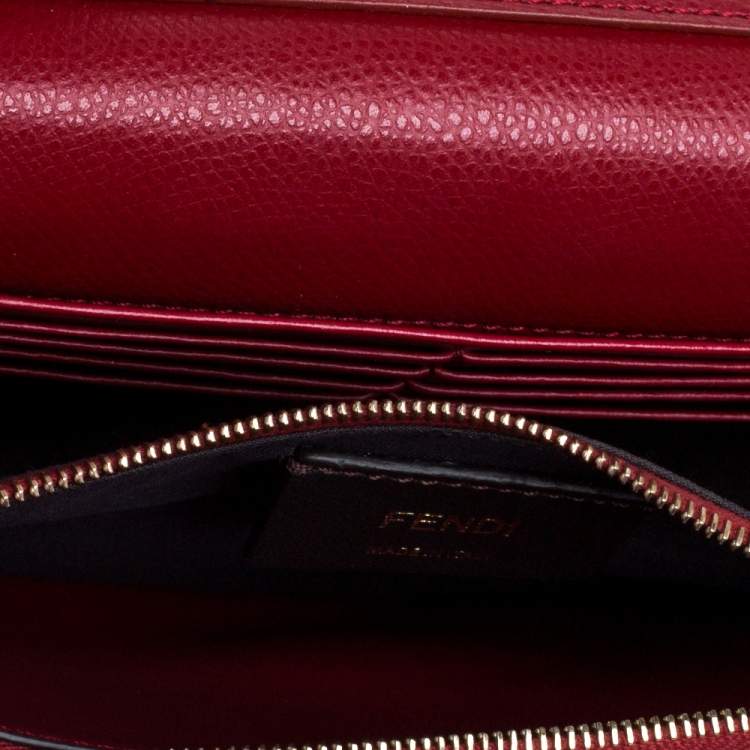 Pre Owned Fendi Red/Brown Embossed Leather F Wallet On Chain