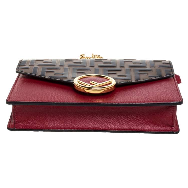 Pre Owned Fendi Red/Brown Embossed Leather F Wallet On Chain