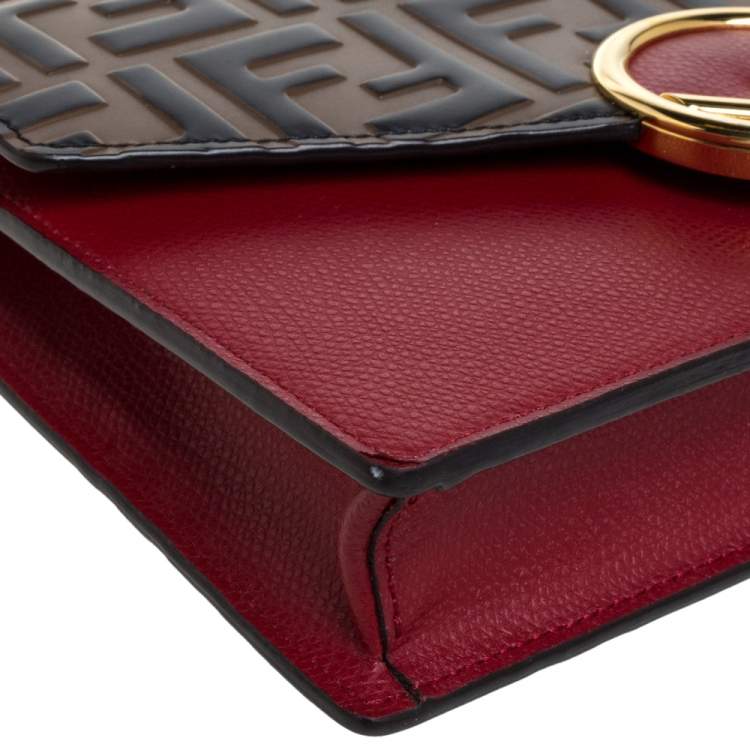 Pre Owned Fendi Red/Brown Embossed Leather F Wallet On Chain