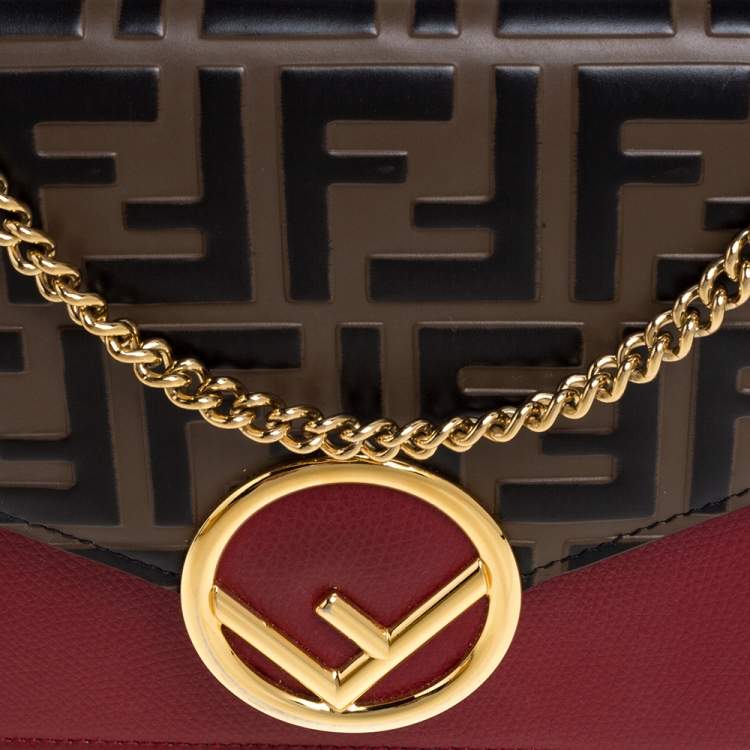 Pre Owned Fendi Red/Brown Embossed Leather F Wallet On Chain