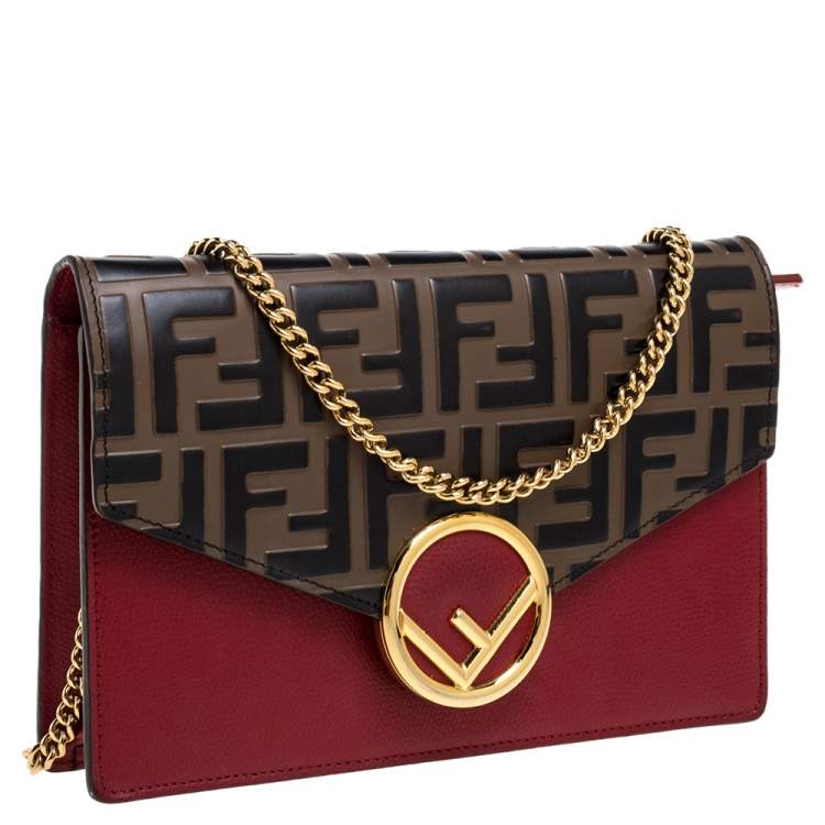 Pre Owned Fendi Red/Brown Embossed Leather F Wallet On Chain