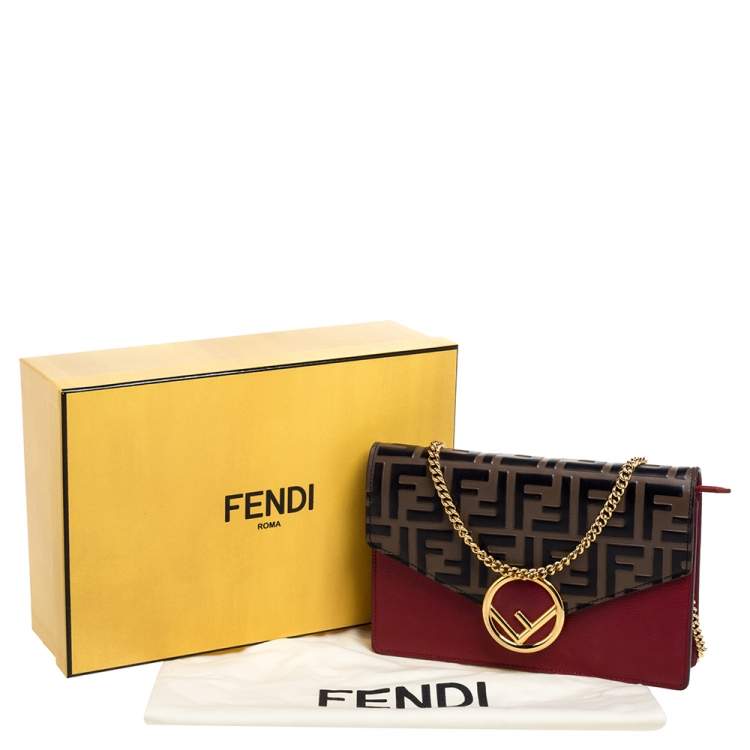 Pre Owned Fendi Red/Brown Embossed Leather F Wallet On Chain