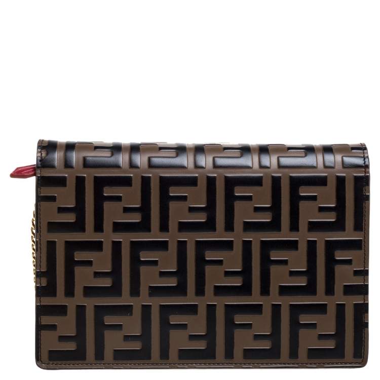 Pre Owned Fendi Red/Brown Embossed Leather F Wallet On Chain