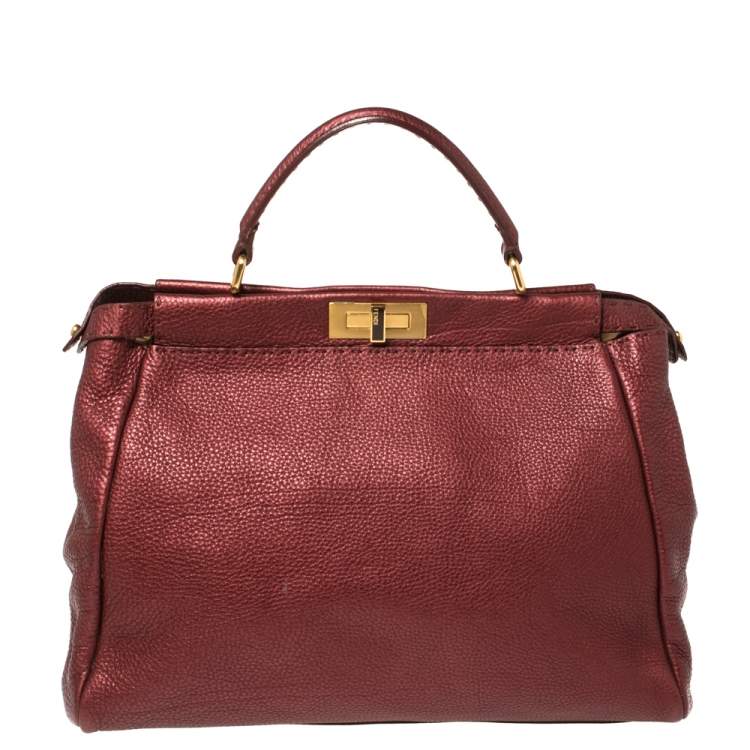 Pre Owned Fendi Burgundy Selleria Leather Large Peekaboo Top Handle Bag