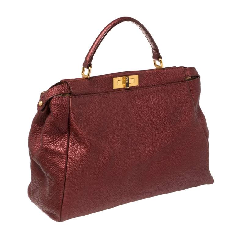 Pre Owned Fendi Burgundy Selleria Leather Large Peekaboo Top Handle Bag