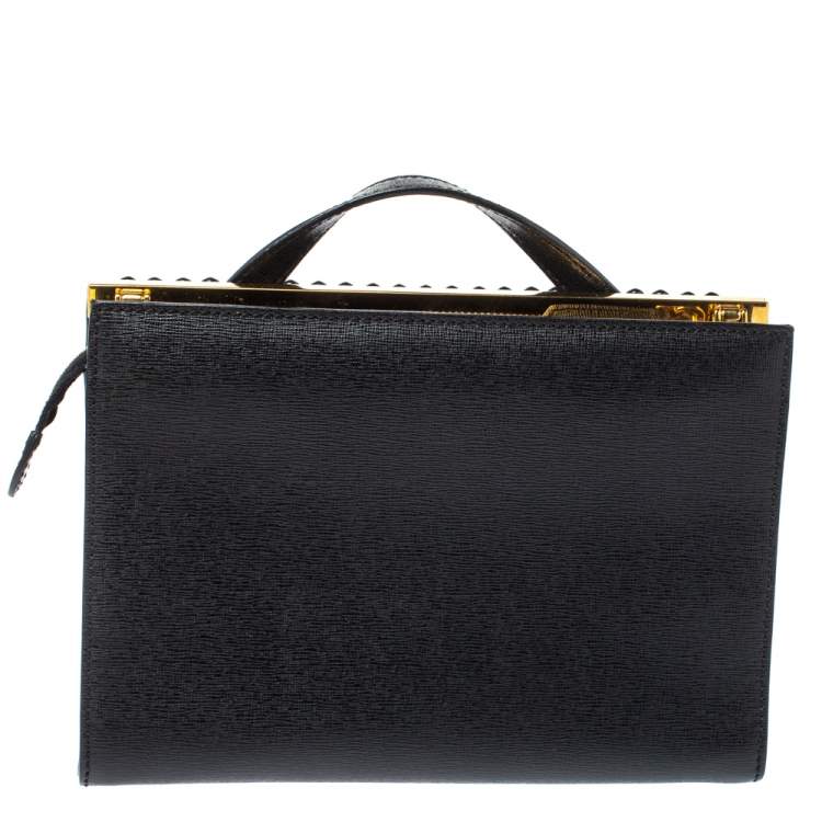 مملوكة مسبقًا Fendi Black Textured Leather Mini Studded Monster Demi Jour Top Handle Bag