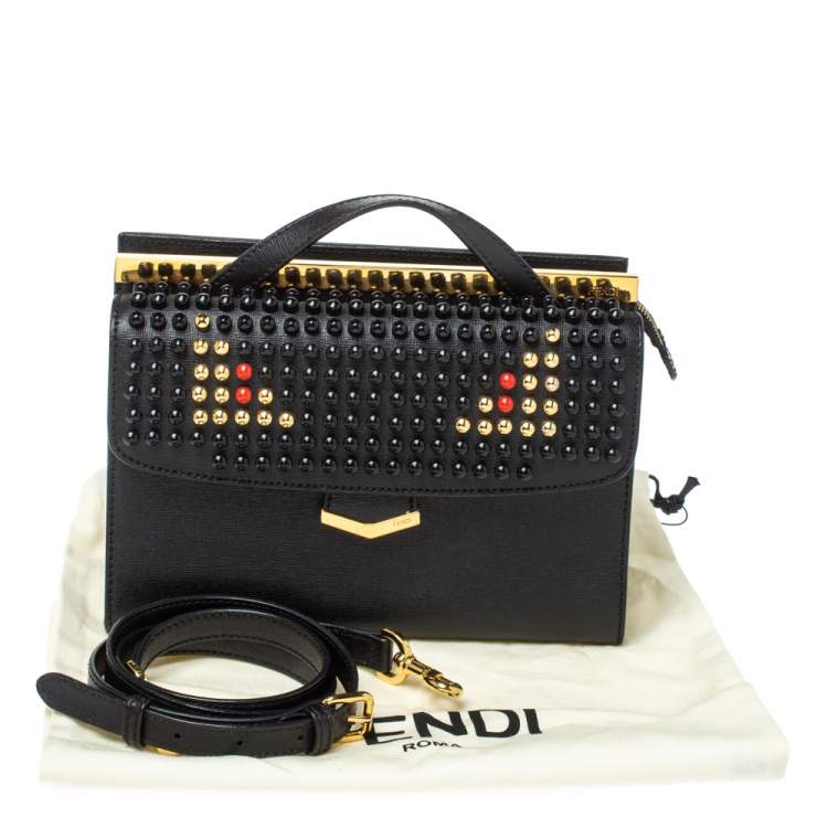 مملوكة مسبقًا Fendi Black Textured Leather Mini Studded Monster Demi Jour Top Handle Bag