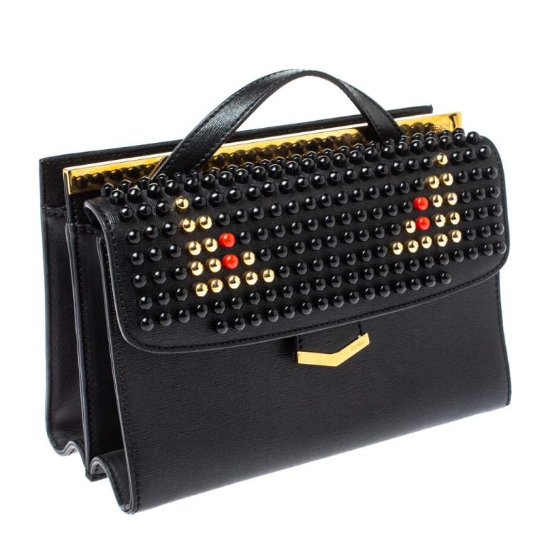 مملوكة مسبقًا Fendi Black Textured Leather Mini Studded Monster Demi Jour Top Handle Bag