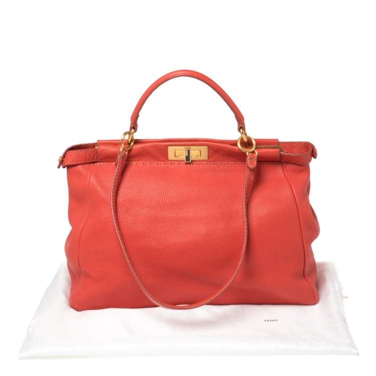 Pre Owned Fendi Coral Orange Selleria Leather Large Peekaboo Top Handle Bag