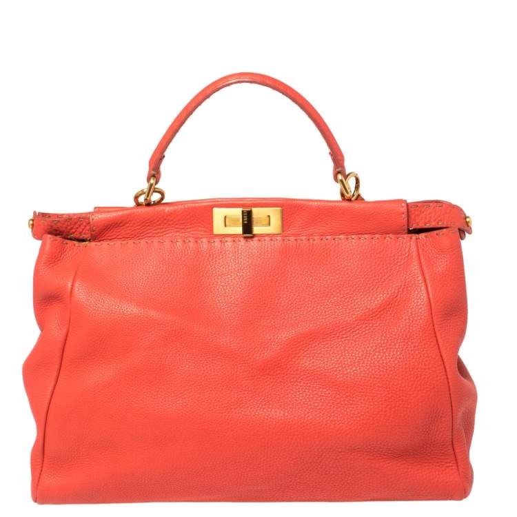 Pre Owned Fendi Coral Orange Selleria Leather Large Peekaboo Top Handle Bag