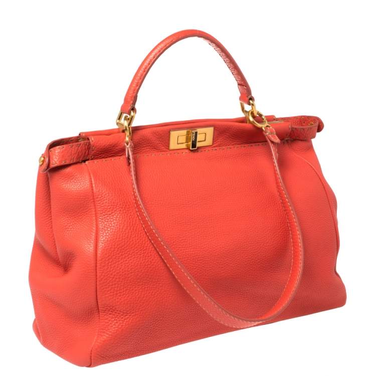 Pre Owned Fendi Coral Orange Selleria Leather Large Peekaboo Top Handle Bag