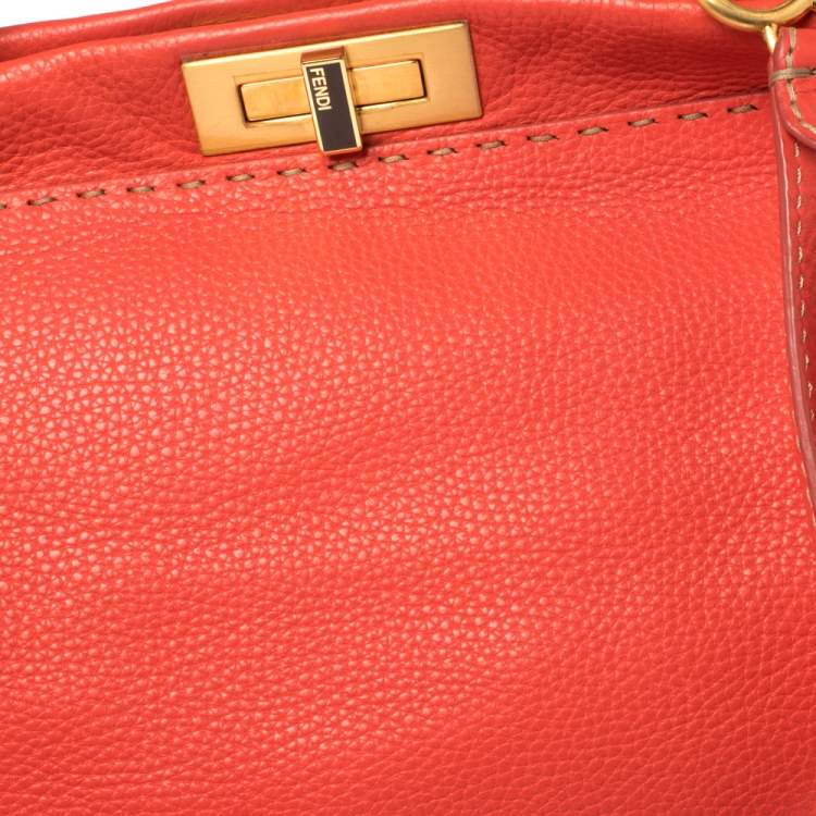 Pre Owned Fendi Coral Orange Selleria Leather Large Peekaboo Top Handle Bag