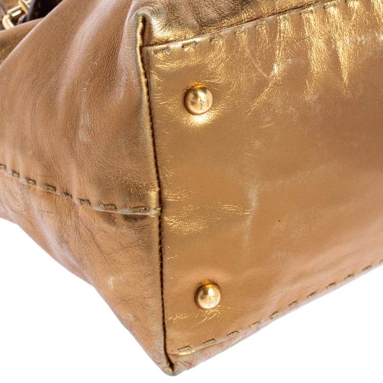 Pre Owned Fendi Gold Selleria Leather Villa Borghese Tote
