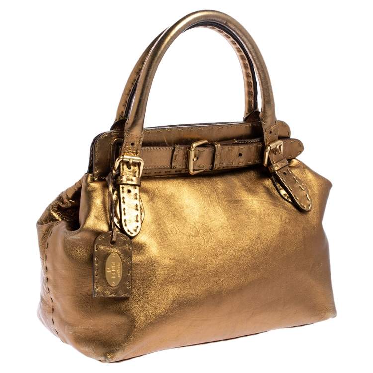 Pre Owned Fendi Gold Selleria Leather Villa Borghese Tote