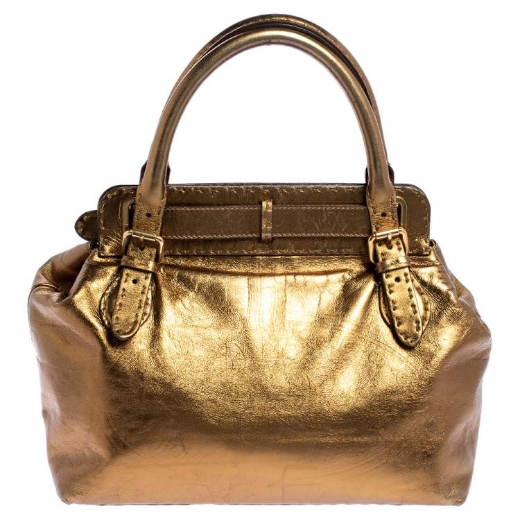 Pre Owned Fendi Gold Selleria Leather Villa Borghese Tote