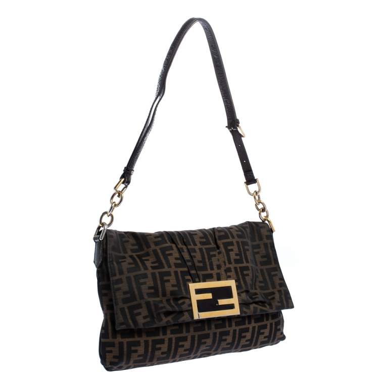 Pre Owned Fendi Tobacco Zucca Canvas Mia Flap Shoulder Bag