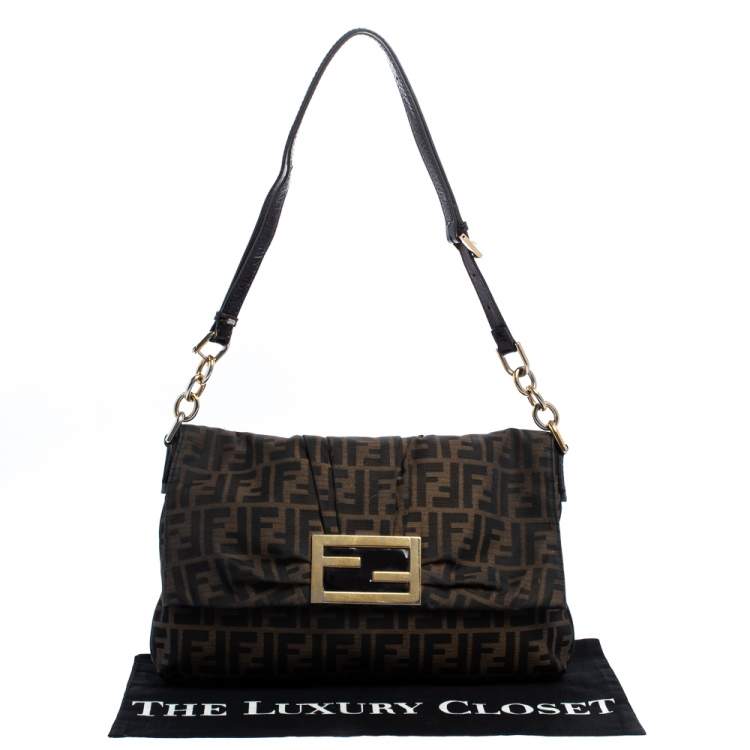 Pre Owned Fendi Tobacco Zucca Canvas Mia Flap Shoulder Bag