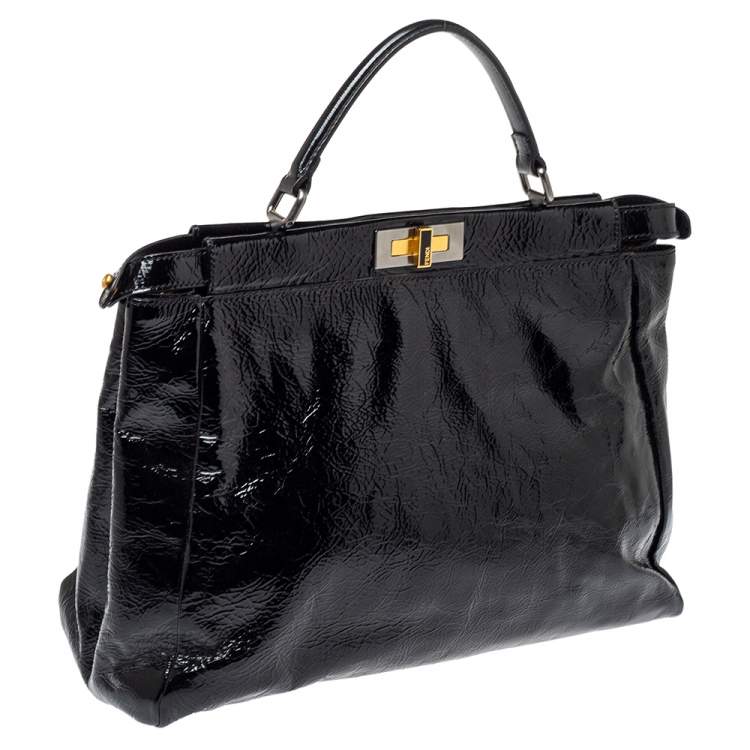 Pre Owned Fendi Black Patent Leather Large Peekaboo Top Handle Bag