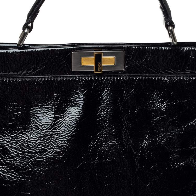 Pre Owned Fendi Black Patent Leather Large Peekaboo Top Handle Bag