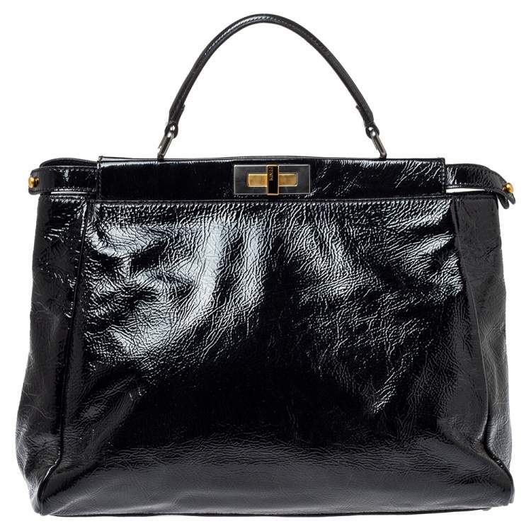 Pre Owned Fendi Black Patent Leather Large Peekaboo Top Handle Bag