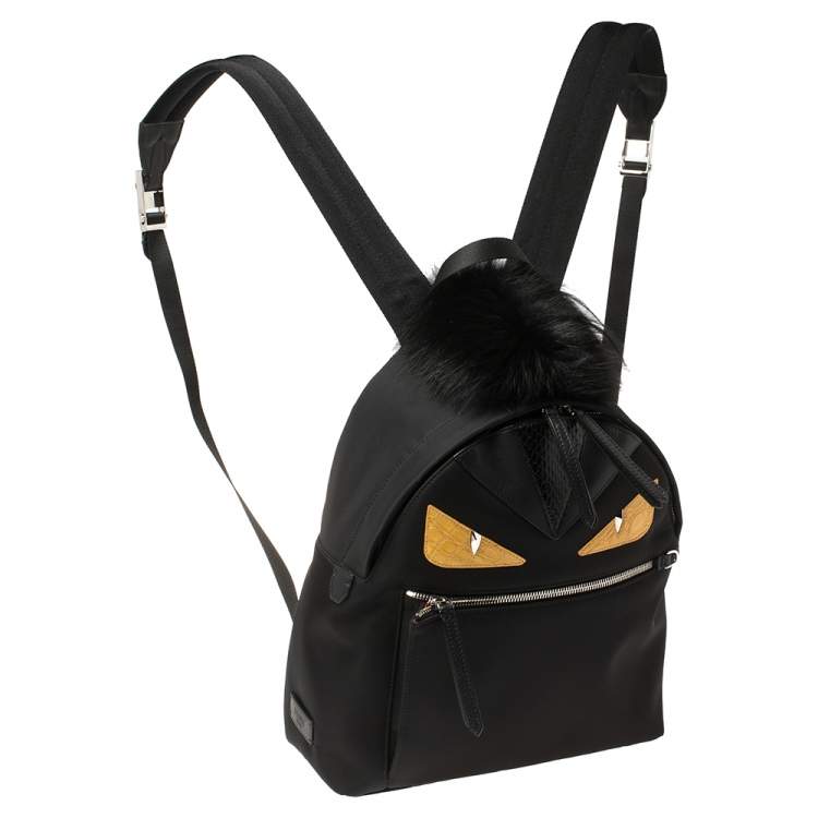 Pre Owned Fendi Black Nylon, Leather and Fur Monster Eyes Backpack