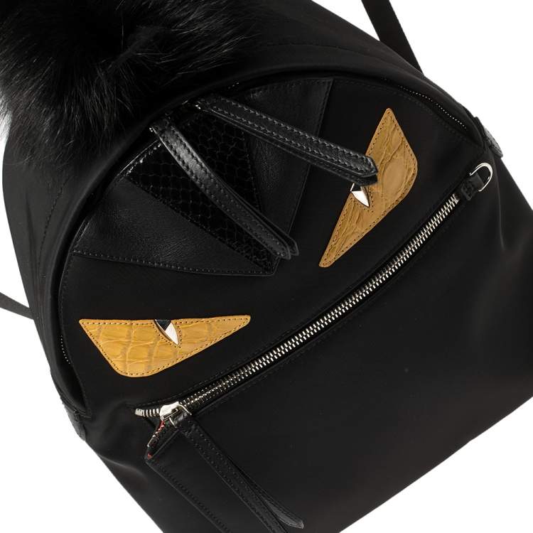 Pre Owned Fendi Black Nylon, Leather and Fur Monster Eyes Backpack