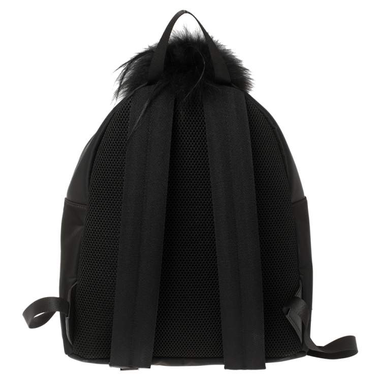 Pre Owned Fendi Black Nylon, Leather and Fur Monster Eyes Backpack