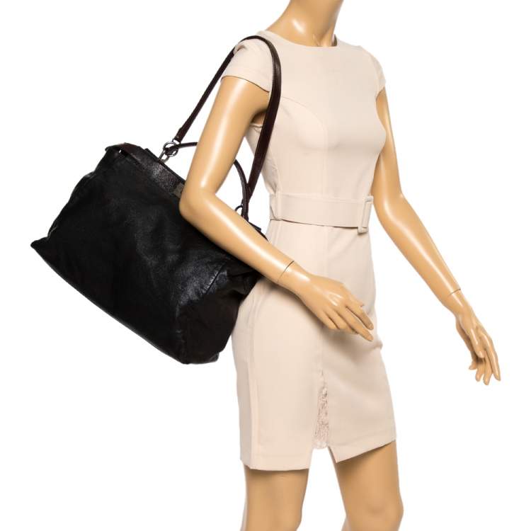 Pre Owned Fendi Black Leather With Suede And Beaded Lining Large Peekaboo Top Handle Bag