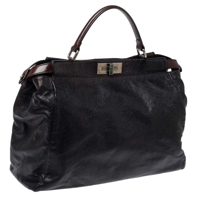 Pre Owned Fendi Black Leather With Suede And Beaded Lining Large Peekaboo Top Handle Bag
